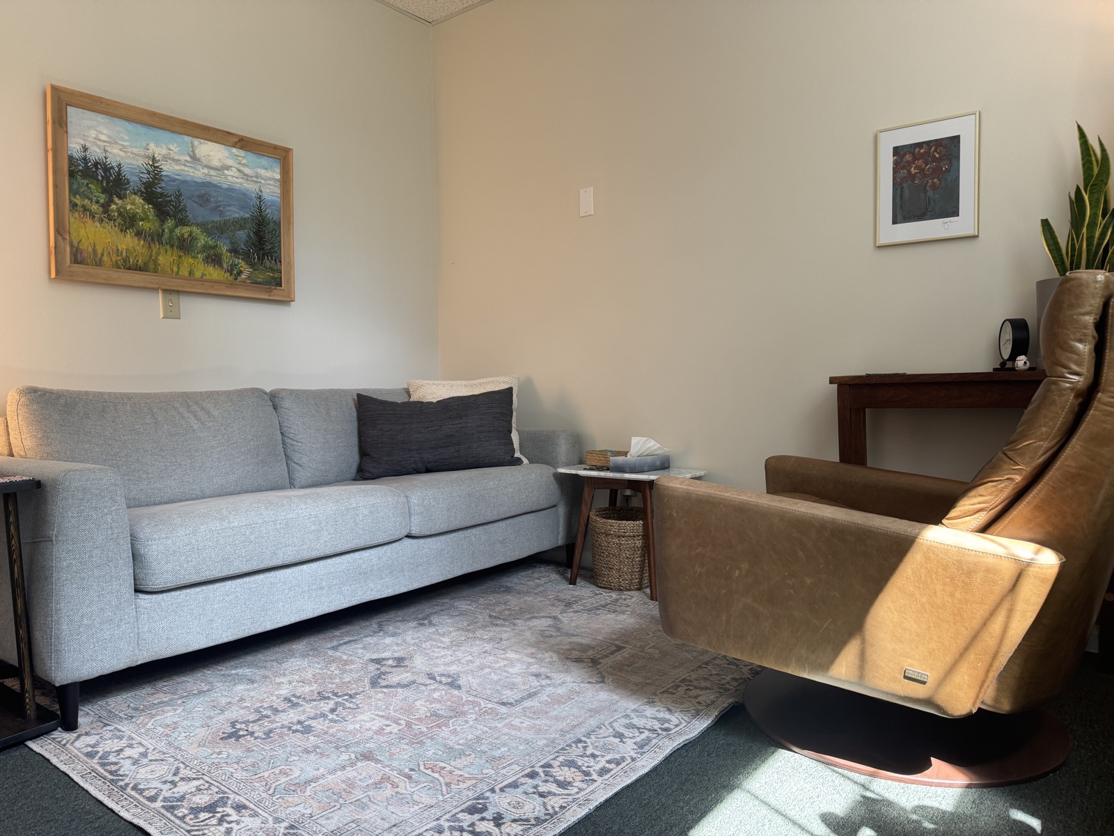 Kate's therapy office in Charlottesville, VA — a calm, welcoming space